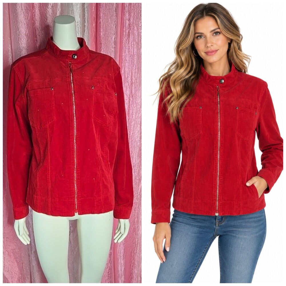 Quacker Factory Red Rhinestone Corduroy Zip Up Cotton Jacket Size Medium